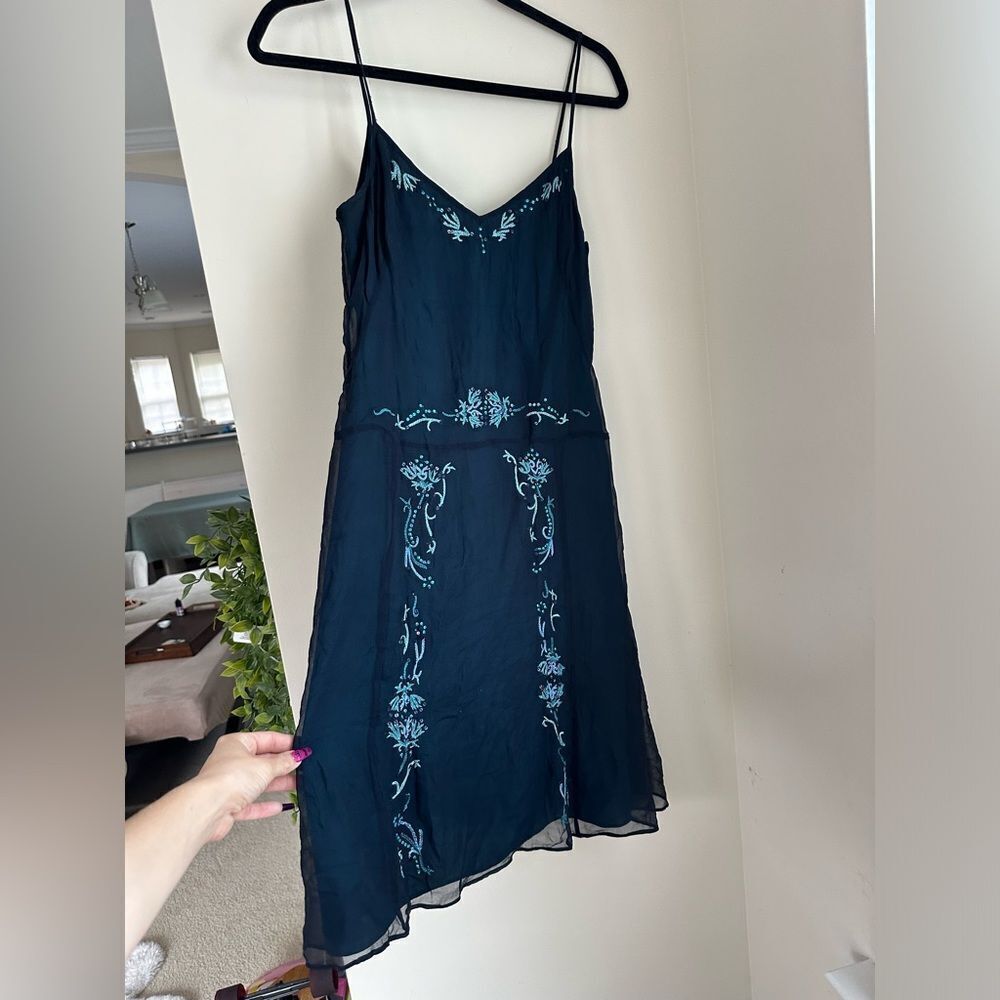 Vintage flowy laundry hippie style embroidered midi strappy blue dress fairycore